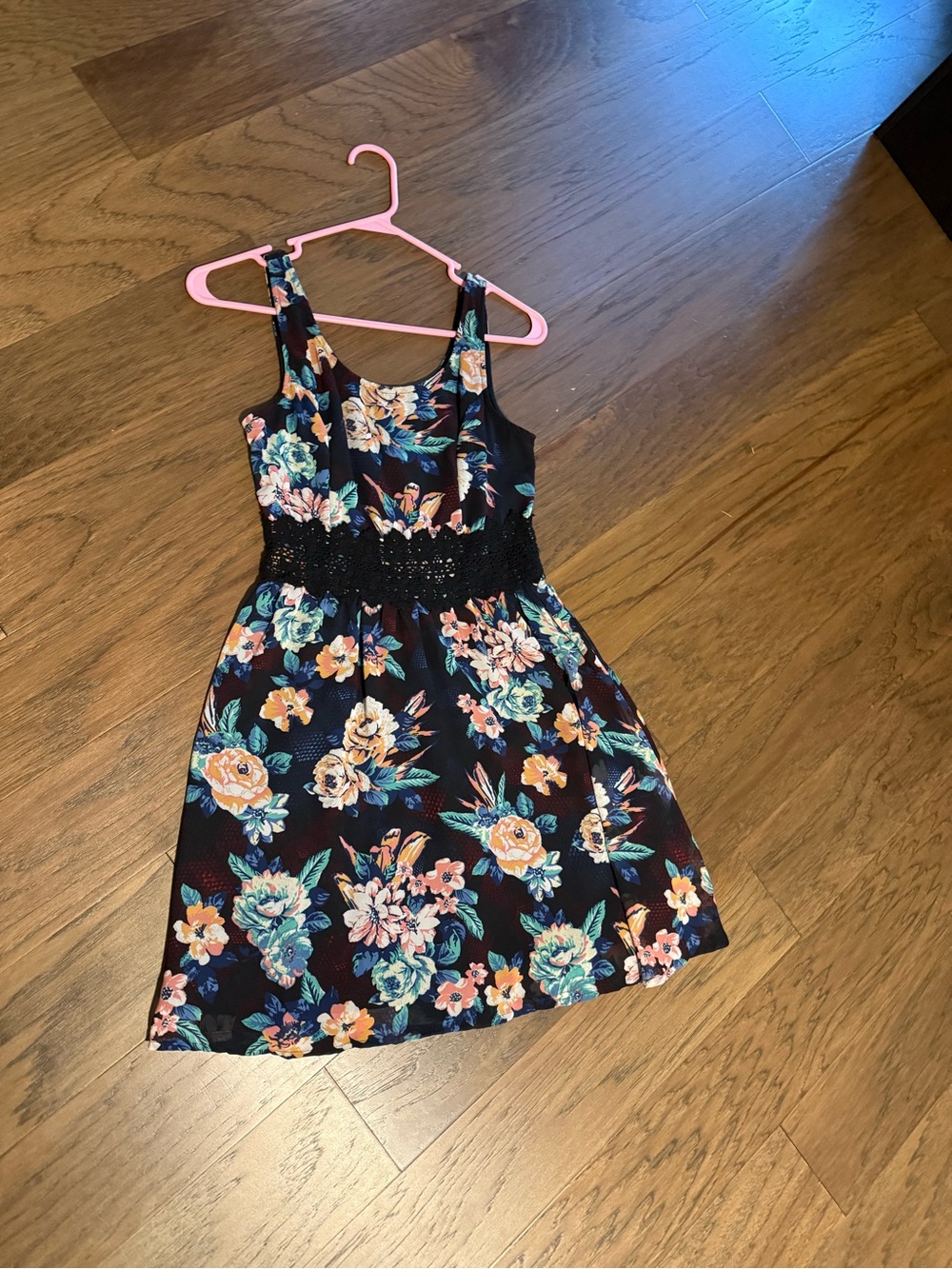 Floral Black Dress with Peach & Teal Accents